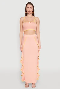 Womens Metallic Notch Neck Contrast Trim Crop Top, Pink, Size M
