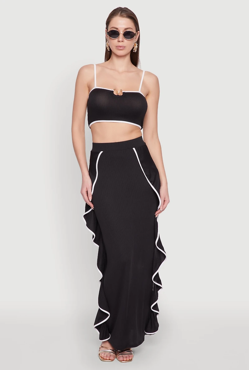Contrast Trim Side Ruffle Maxi Skirt