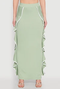 Womens Contrast Trim Side Ruffle Maxi Skirt, Green, Size L