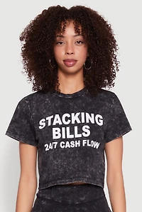 Trendy Mineral Wash Stacking Bills Graphic Crop Top