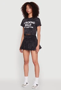 Womens Trendy Mineral Wash Stacking Bills Graphic Crop Top, Black, Size M