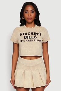 Womens Trendy Mineral Wash Stacking Bills Graphic Crop Top, Beige, Size S