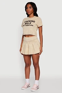 Womens Trendy Mineral Wash Stacking Bills Graphic Crop Top, Beige, Size S