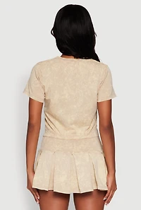 Womens Trendy Mineral Wash Stacking Bills Graphic Crop Top, Beige, Size S