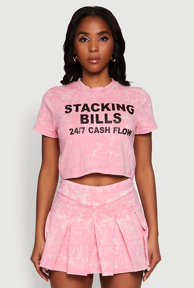Womens Trendy Mineral Wash Stacking Bills Graphic Crop Top, Pink, Size M