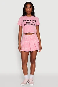Womens Trendy Mineral Wash Stacking Bills Graphic Crop Top, Pink, Size M