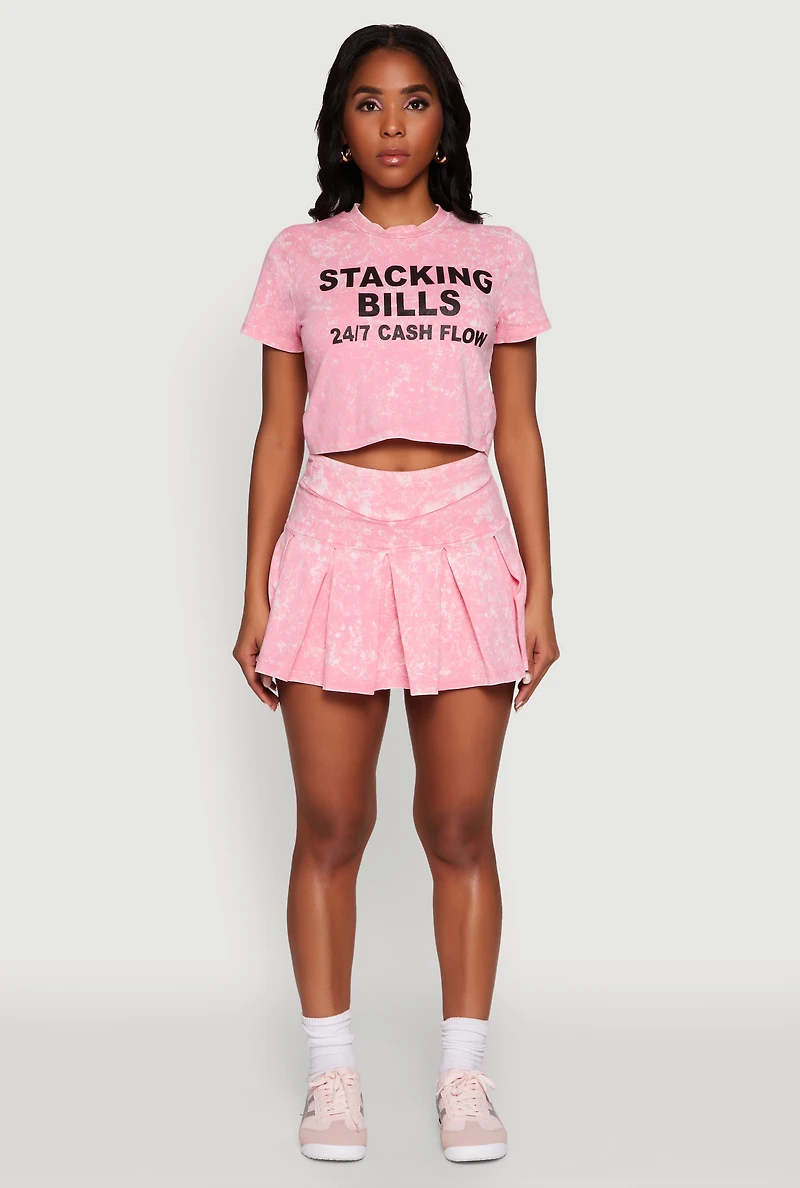 Womens Trendy Mineral Wash Stacking Bills Graphic Crop Top, Pink, Size M