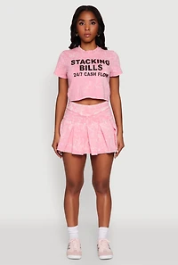 Womens Trendy Mineral Wash Stacking Bills Graphic Crop Top, Pink, Size M