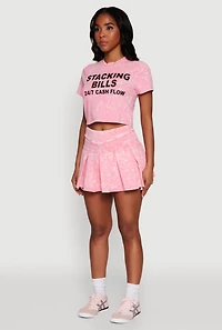 Womens Trendy Mineral Wash Stacking Bills Graphic Crop Top, Pink, Size M