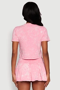 Womens Trendy Mineral Wash Stacking Bills Graphic Crop Top, Pink, Size M