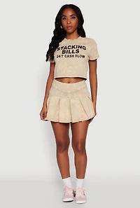 Womens Trendy Mineral Wash High Waisted Pleated Skirt, Khaki, Size M
