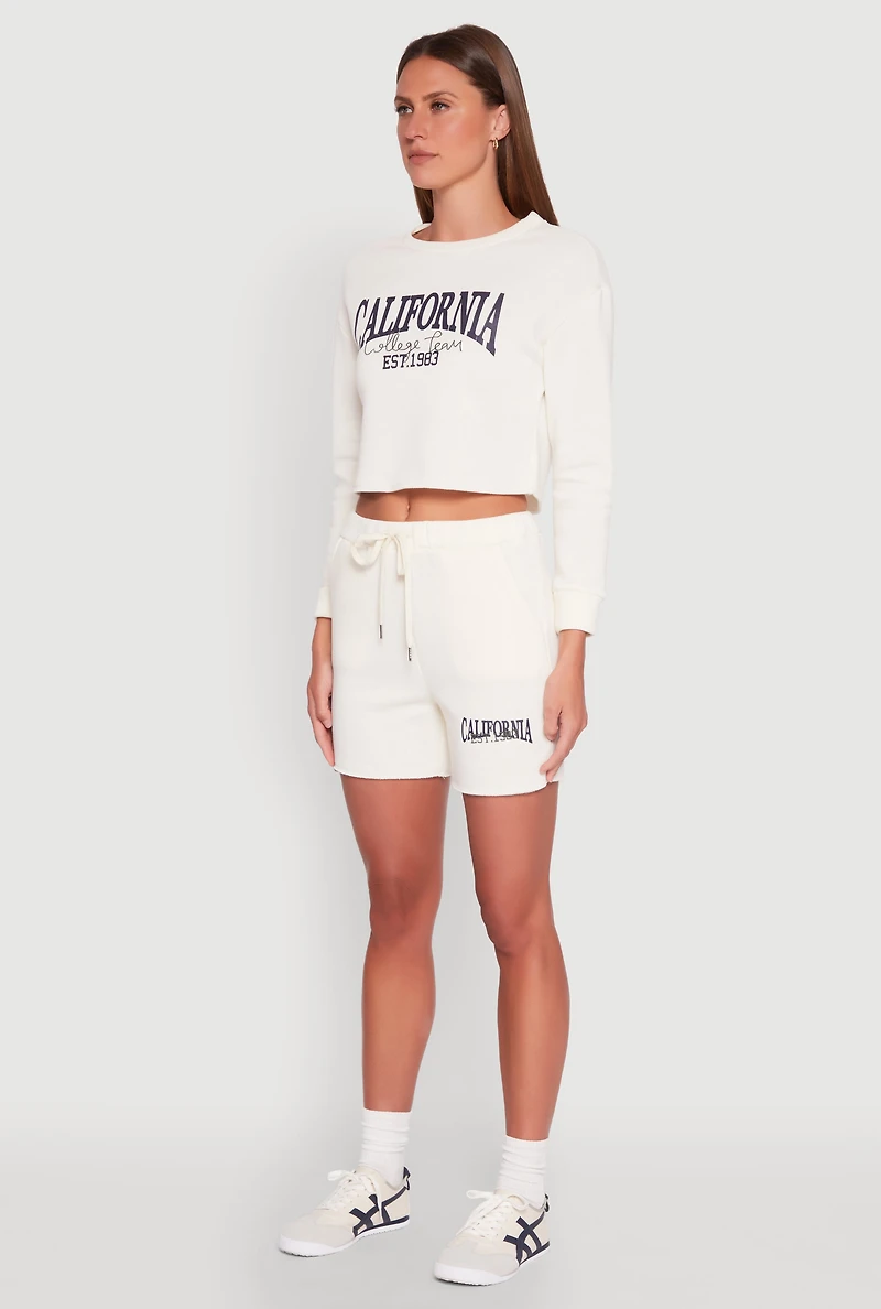 Womens California Embroidered Cropped Sweatshirt, White, Size L