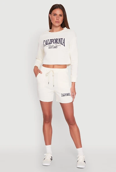 Womens California Embroidered Sweatshorts, White, Size XL