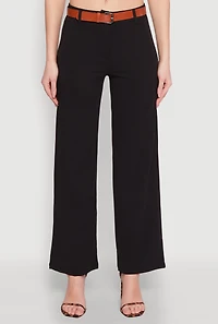 Womens Crepe Knit Belted Dress Pants, Black, Size L