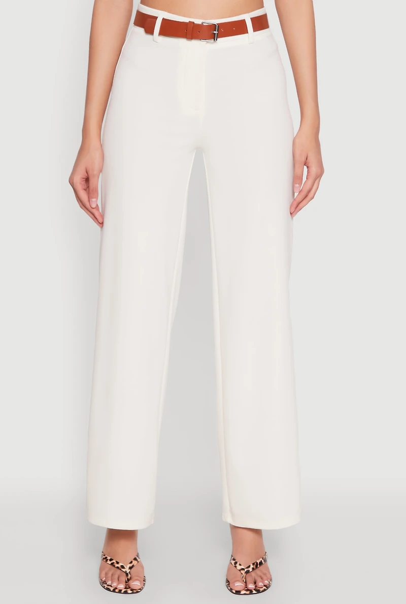 Womens Crepe Knit Belted Dress Pants, White, Size M