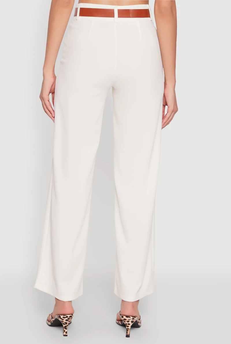 Womens Crepe Knit Belted Dress Pants, White, Size M