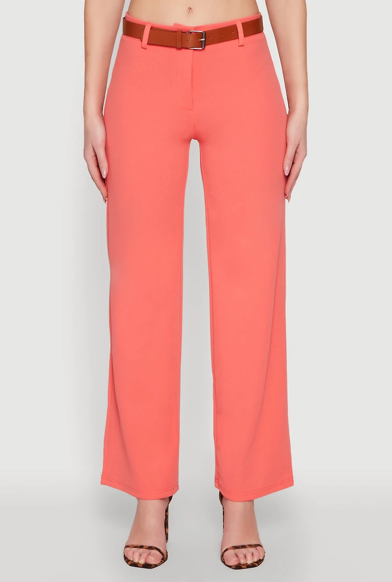 Womens Crepe Knit Belted Dress Pants, Orange, Size L