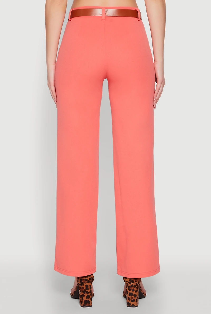 Womens Crepe Knit Belted Dress Pants, Orange, Size L