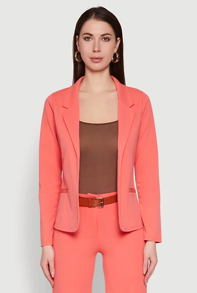 Womens Long Sleeve Crepe Knit Open Front Blazer, Orange, Size M
