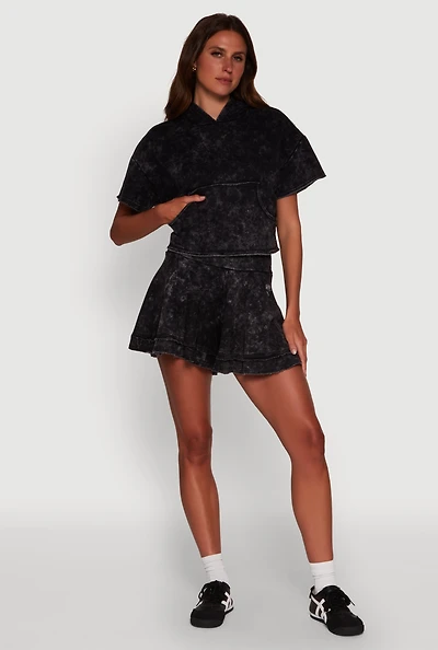 Womens Trendy Mineral Wash Ruffle Tiered High Waisted Shorts, Black,