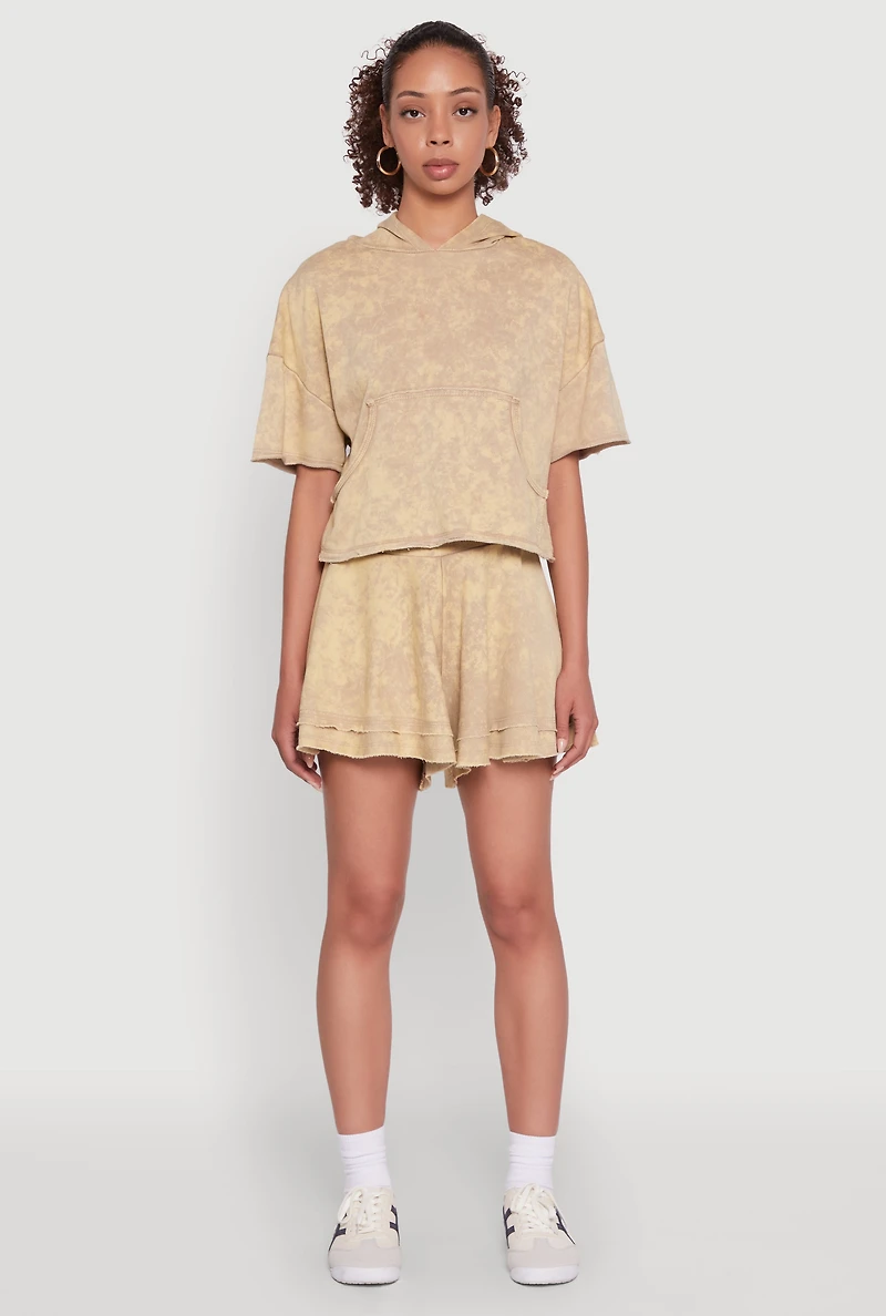 Womens Trendy Mineral Wash Ruffle Tiered High Waisted Shorts, Khaki, Size L