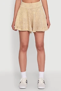 Womens Trendy Mineral Wash Ruffle Tiered High Waisted Shorts, Khaki, Size L