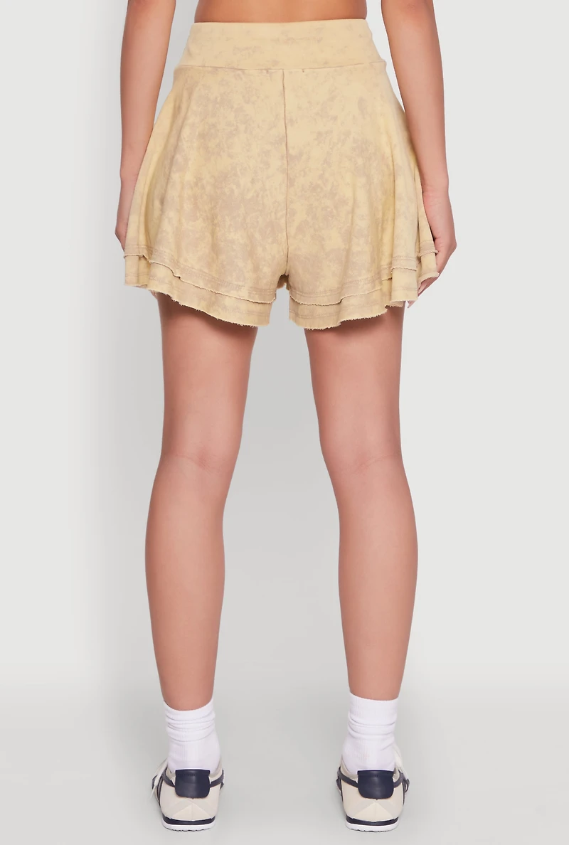 Womens Trendy Mineral Wash Ruffle Tiered High Waisted Shorts, Khaki, Size L