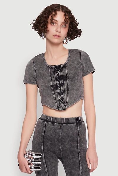 Womens Mineral Wash Lace Up Detail Crop Top,