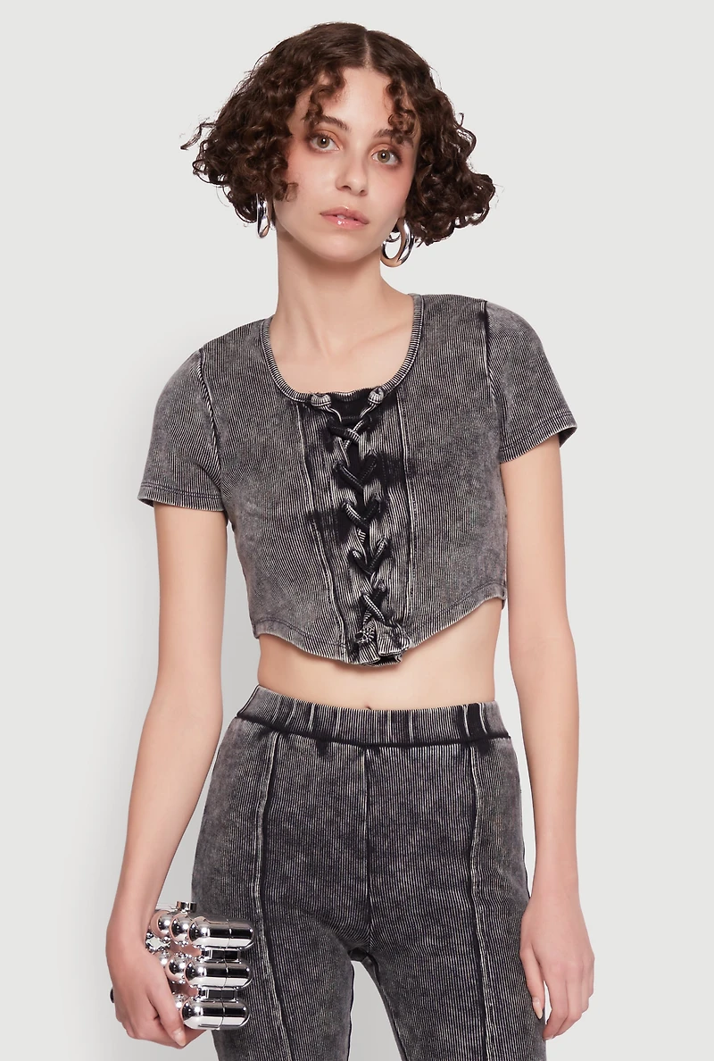 Womens Mineral Wash Lace Up Detail Crop Top, Grey, Size S