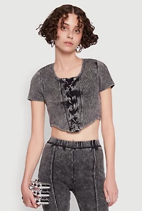 Womens Mineral Wash Lace Up Detail Crop Top, Grey, Size S