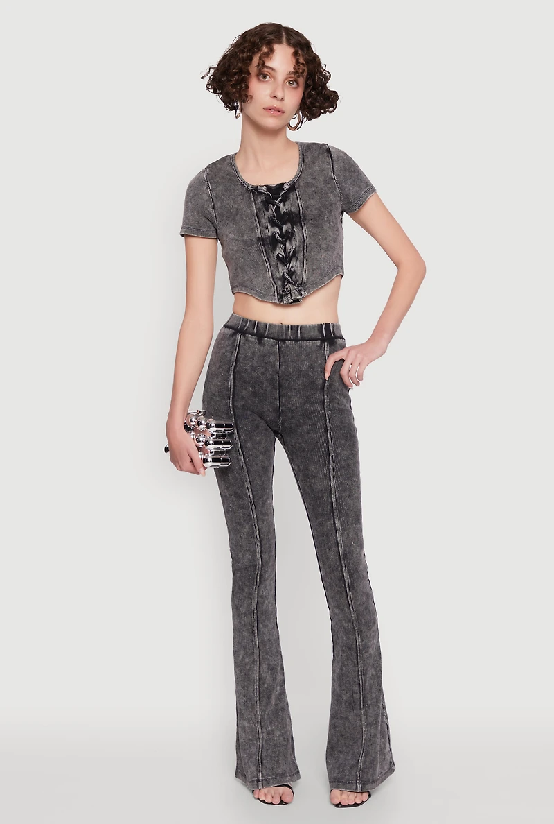 Womens Mineral Wash Lace Up Detail Crop Top, Grey,
