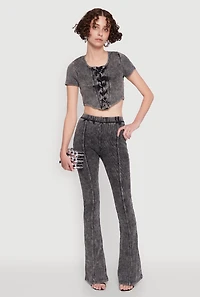 Womens Mineral Wash Lace Up Detail Crop Top, Grey,