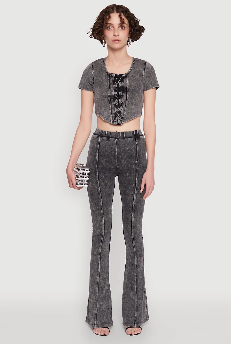 Womens Mineral Wash Lace Up Detail Crop Top, Grey,