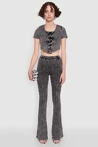 Womens Mineral Wash Lace Up Detail Crop Top, Grey,