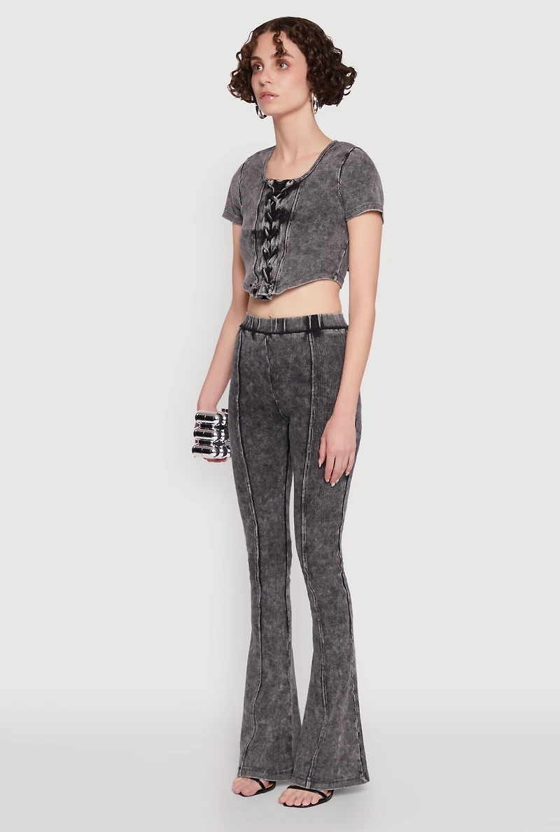 Womens Mineral Wash Lace Up Detail Crop Top, Grey, Size S