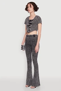 Womens Mineral Wash Lace Up Detail Crop Top, Grey, Size S