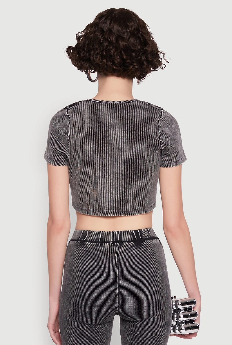 Womens Mineral Wash Lace Up Detail Crop Top, Grey,