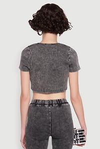 Womens Mineral Wash Lace Up Detail Crop Top, Grey,