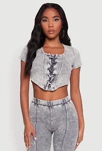 Womens Mineral Wash Lace Up Detail Crop Top, Grey, Size M
