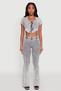 Womens Mineral Wash Lace Up Detail Crop Top, Grey,