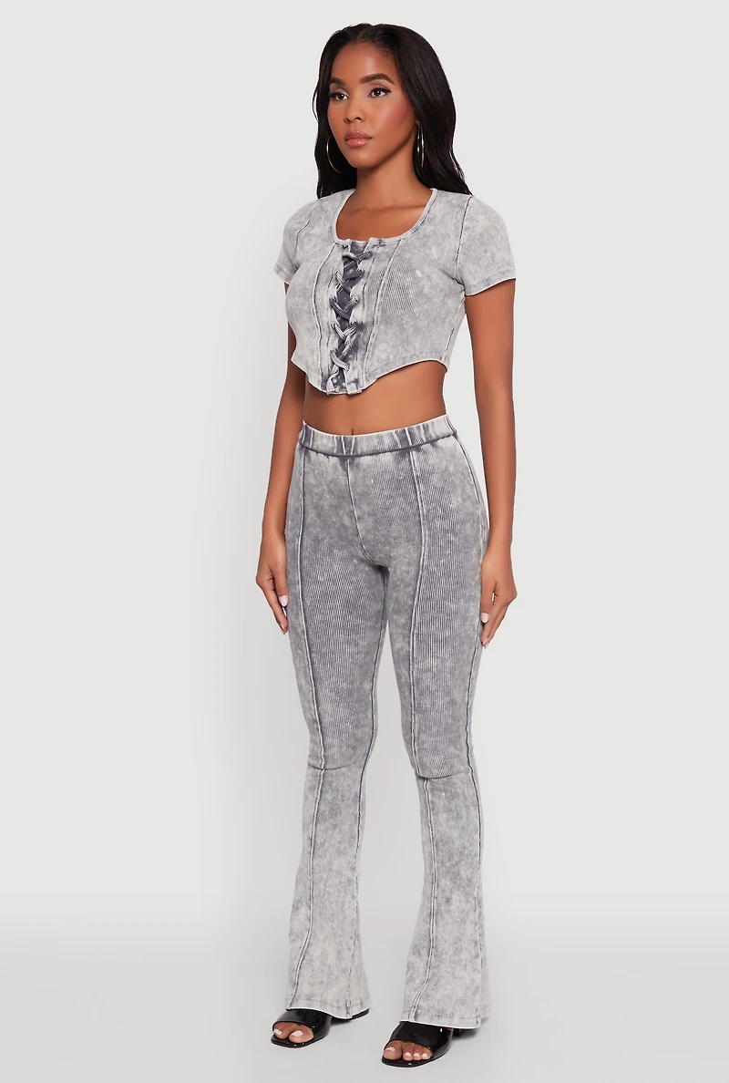 Womens Mineral Wash Lace Up Detail Crop Top, Grey, Size M