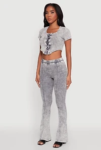 Womens Mineral Wash Lace Up Detail Crop Top, Grey, Size M