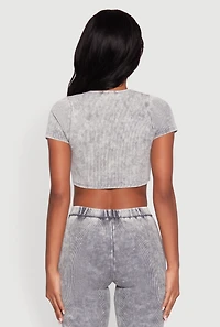 Womens Mineral Wash Lace Up Detail Crop Top, Grey,