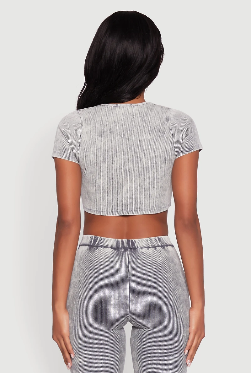 Womens Mineral Wash Lace Up Detail Crop Top, Grey, Size M