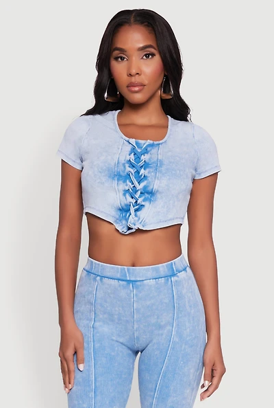 Womens Mineral Wash Lace Up Detail Crop Top, M