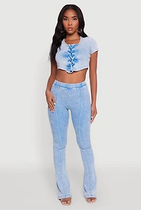 Womens Mineral Wash Lace Up Detail Crop Top, M