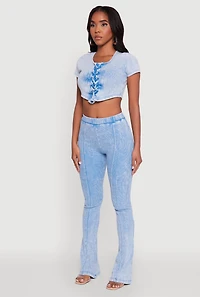 Womens Mineral Wash Lace Up Detail Crop Top, M