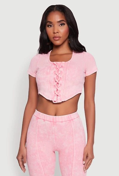 Womens Mineral Wash Lace Up Detail Crop Top, Pink, Size S