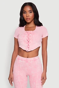 Womens Mineral Wash Lace Up Detail Crop Top, Pink, Size S