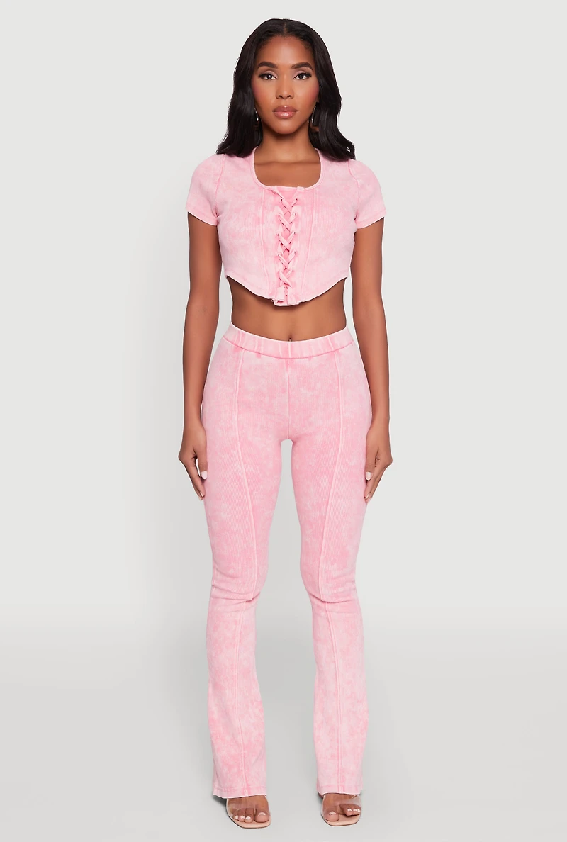Womens Mineral Wash Lace Up Detail Crop Top, Pink, Size S